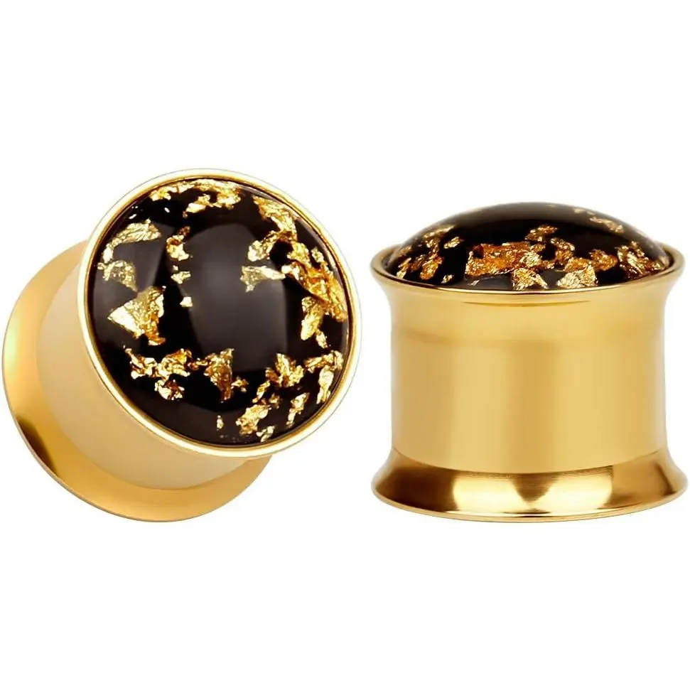 (1 Pair Simple Golden Gold-foil Ear Plugs Tunnels Gauges Stretcher Piercings., 00G(10Mm), 1 Inch(25Mm), 1/2"(12Mm)