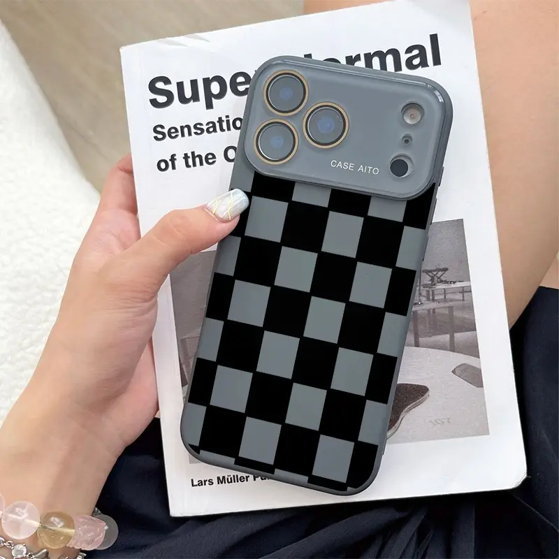 Black-White Grid Patterned Smartphone Cover, Soft Skin-Friendly Liquid Silicone Protector for iPhone 12-17 Various Models, Smooth Matte Surface, Finger Resistant, Comfortable Grip Protection