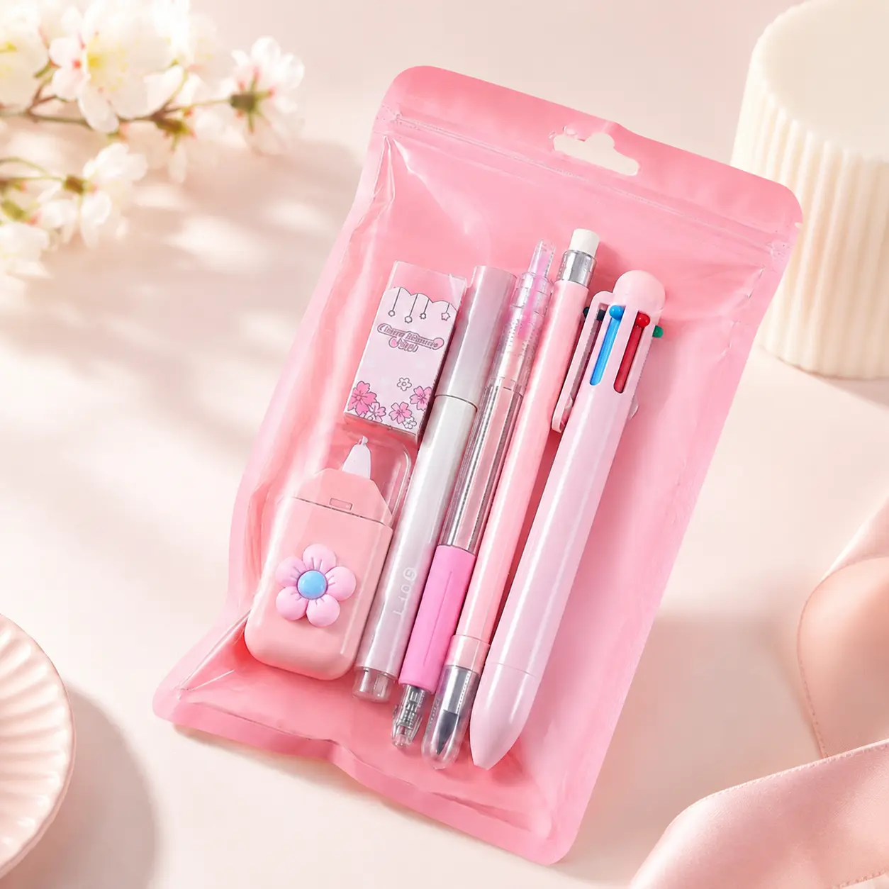 Cute Stationery Set for Girls, Kawaii School Supplies Kit with Gel Pens, Mechanical Pencil, Eraser, Correction Tape and Zipper Pencil Case