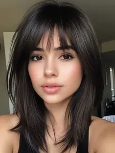 Fashionable New 14 Inch Medium Length Long Straight Black Machine Made Synthetic Material Wigs with Bangs for Women, Suitable for Ordinary Work, Life, Dance Parties and All Occasions