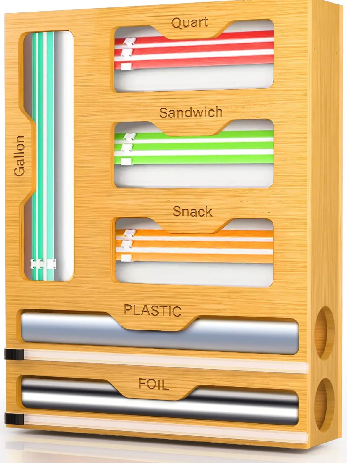 Bag Organizer and Plastic Wrap Dispenser with Cutter, 6 In 1 Bamboo Foil and Plastic Wrap Organizer for Kitchen Drawer, Food Storage Bag Organizer for Gallon,Quart,Sandwich,Snack Boxes Box