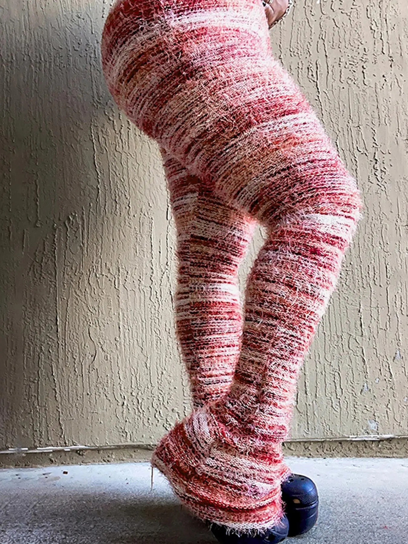 Women's Striped Print Flare Leg Fuzzy Sweater Pants, Casual Street Comfy Knit Bell Bottom Trousers For Fall & Winter, Women's Knitwear For Daily Wear