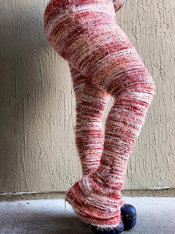 Women's Striped Print Flare Leg Fuzzy Sweater Pants, Casual Street Comfy Knit Bell Bottom Trousers For Fall & Winter, Women's Knitwear For Daily Wear