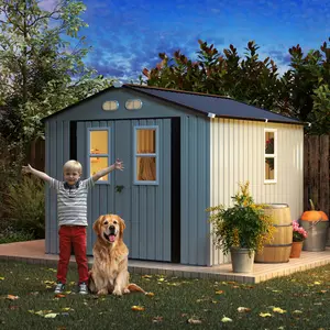 Outdoor Storage Shed 8 x 8ft. Utility Tool Shed Metal Storage Garden Shed with Lockable Doors, Four Daylight Windows & Metal Frame for Patio Storage, 8x8 Protective Film, White