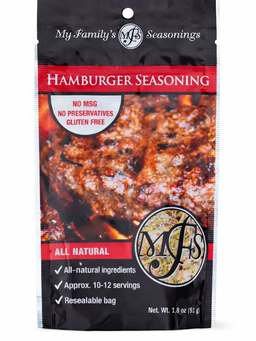 MY FAMILY'S SEASONINGS All Natural Hamburger Spice Powder Dry Mix - 1.8 oz Refill Bag, Ambient Cupboard Essential, Bold Savory Garlic, Onion & Herb Flavor, Gluten-Free, Dairy-Free, Ideal for Hamburgers & Roasts, 24-Month Shelf Life, All Ages Friendly