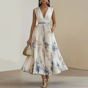 European and American 2026 Fall/Winter New Fashion Women's Printed V-neck Sleeveless Pleated Long Dress