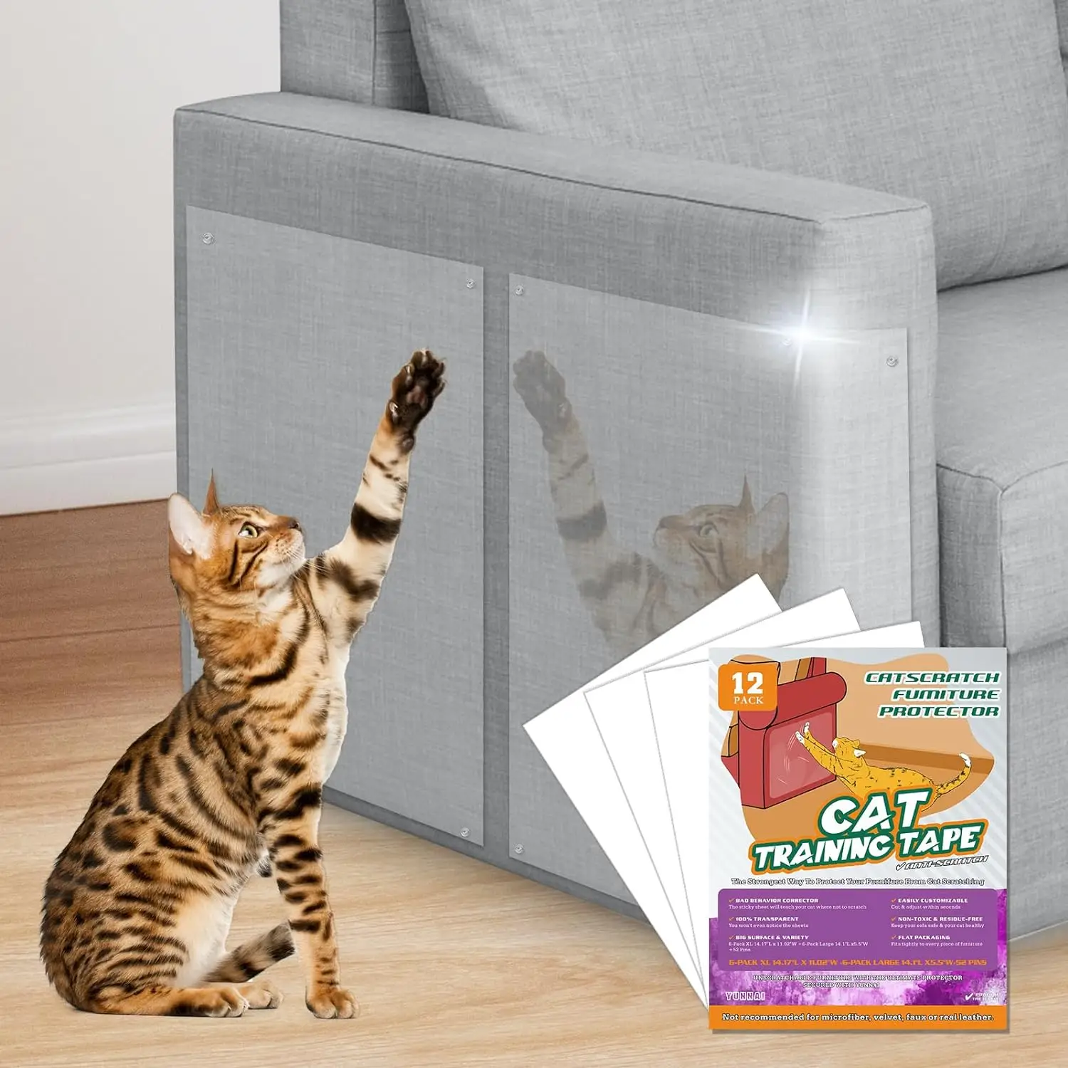 36 pcs-Anti Cat Scratch Furniture Protector - XL & Large Sheets - Clear Adhesive Viny with 52 Pins -15mm Thickness - Residue Free - Easy to Apply