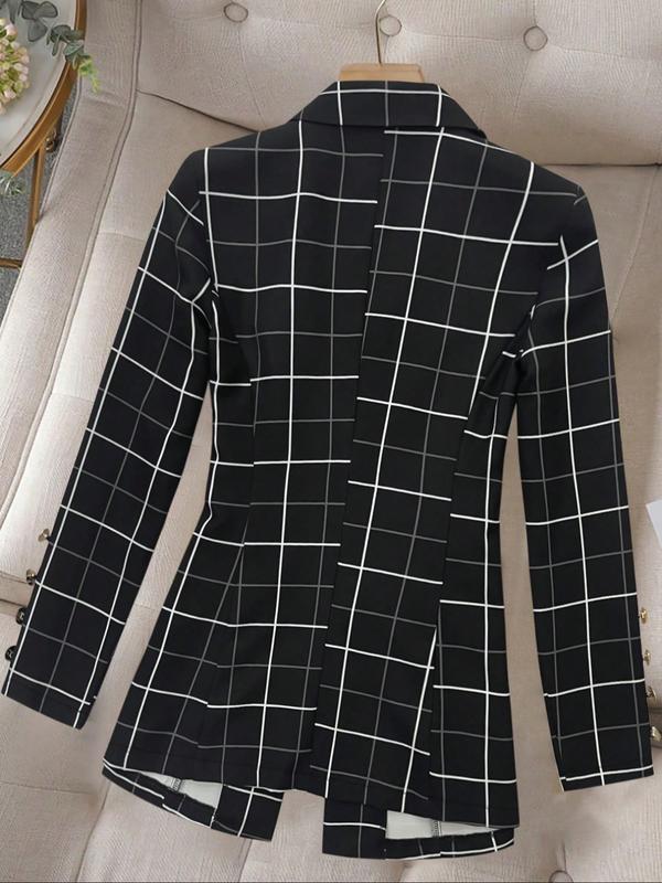 Women's Plaid Gold Button Casual Blazer Jacket, Elegant Simple Design, Office Party Autumn Winter Wear, Fitted Woven Fabric