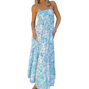 Women Casual Strapless Summer Floral Print Tie up Backless Long A-Line Dress for Cocktail Party Beach Streetwear