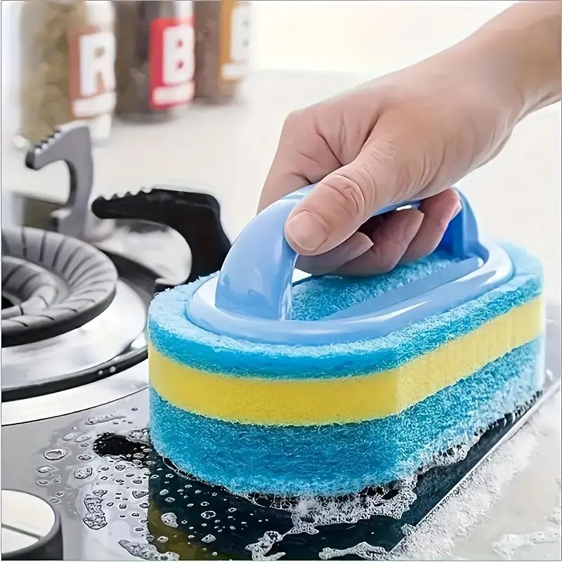 Handheld Cleaning Sponge Scrubber, Dual Sided Non-Scratch Scouring Pad with Handle, Heavy Duty Kitchen Cleaning Brush for Stove Sink Bathtub Tile Dish