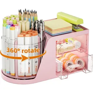 Desk Organizer with 2 Drawer, 360°Rotating Pen Holder for Desk, Desk Organizers and Accessories with 6 Slots Pencil Organizer + 2 Drawer, Art Supply Storage Box Caddy for Office