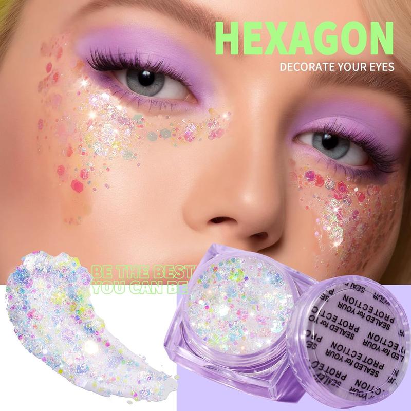 Body Glitter Face Glitter Makeup Festival Glitter, Body Glitter Gel, Hair Glitter Gel, 6 Shapes Rave Glitter, Mermaid Sequins Makeup Glitters Face Paint, Chunky Sparkling Glitter Gel for Women