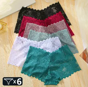 6PCS Different Color Plus Size 3XL Sexy Underwear Soft Lace Women Panties Floral Solid Briefs Female Underpants Lightweight Breathable Women Lingerie Underpants