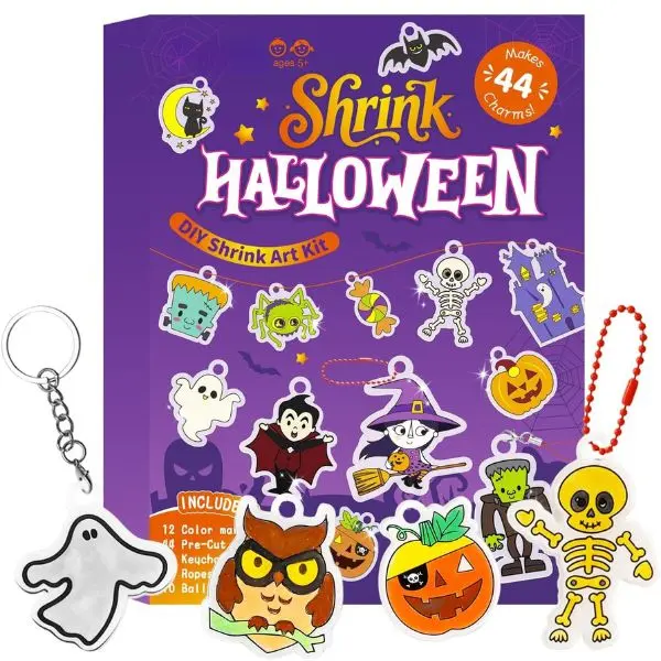 DIY Halloween Shrink Art Kit – 44 Pre-Cut Shrink Plastic Charms with Markers, Kids Craft Kit for Keychains, Bag Tags & Ornaments, Perfect Halloween Gift & Party Activity