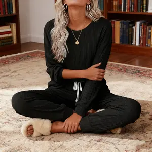 Womens Pajamas Set Ribbed Knit Long Sleeve lightweight