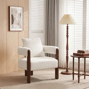 [SummerVibes] Vabches Modern Accent Chair with Wooden Frame, Cozy Plush Lounge Chair for Living Room Bedroom, White Sherpa Armchair, Mid-Century Style Accent Chair,summervibes