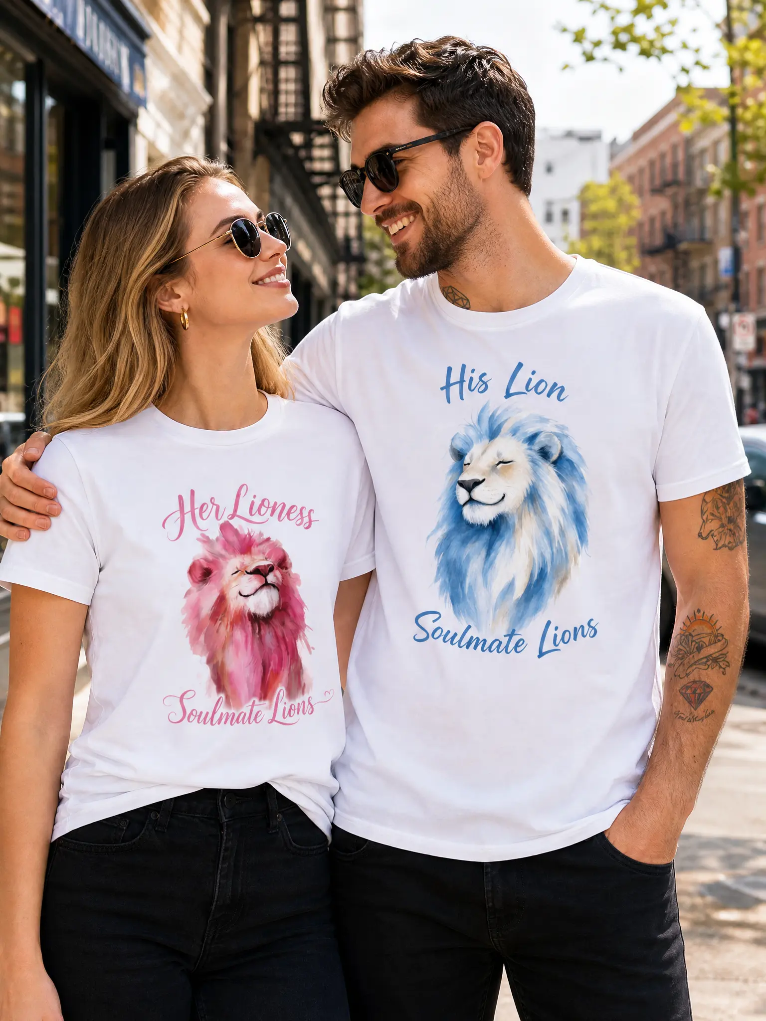 Matching Couple Tee Shirts - His Lion, Her Lioness Hand-Painted Watercolor Lions Breathable Cotton Round Neck, Romantic Anniversary Party Gift (Festive & Party Supplies)