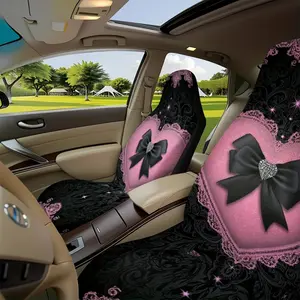Two-piece universal comfortable car seat covers, featuring a pink and black design with lace heart and butterfly knot patterns. Suitable for most vehicle interiors, it is foldable and washable. It is an ideal gift for drivers and passengers.