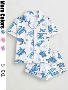 New Summer Women's Multi-Color Turtle Print Pajama Set, Fresh Ocean Style Collared Short Sleeve Shorts Two-Piece Set, Breathable Comfortable Home Wear