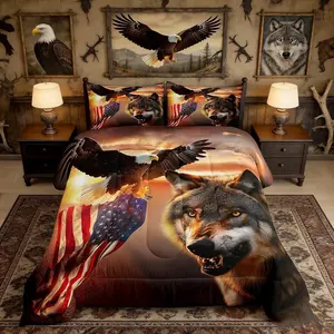 3D Wolf Comforter Set,Eagle and American Flag Print Quilt Set,Animal Theme Bedding Comforters for Kids Boys Teens Room Decor,SunSet,Landscape Duvet Insert