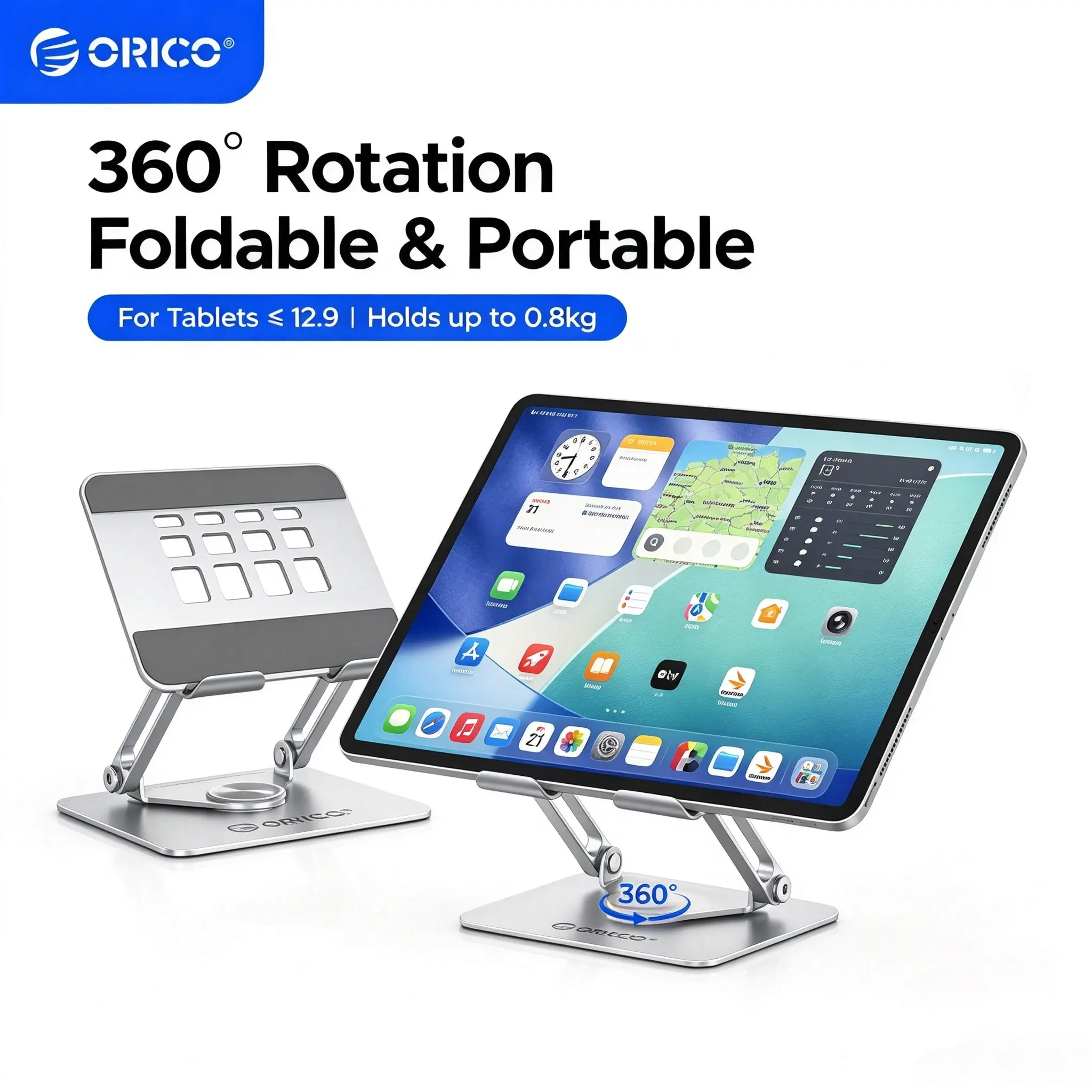ORICO 360° Rotating Tablet Stand, Height Adjustable Aluminum Alloy Holder for Desk, Foldable Design for iPad Pro/Air/Mini up to 12.9", Samsung Galaxy Tab, Kindle & Switch - FB2