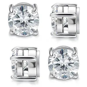 Stainless Steel Magnetic Stud Earrings for Men Women Non-Piercing CZ Hypoallergenic 6-8MM Silver Round & Square Studs Modern Clip-On Earrings Set