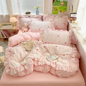 Cute Bow Lace Bedding Set, Includes 1 Fitted Sheet and 2 Pillowcases, Soft Comfortable Home Bedroom Linen, Classic Fashion Accessories, Soft Bedding Sets