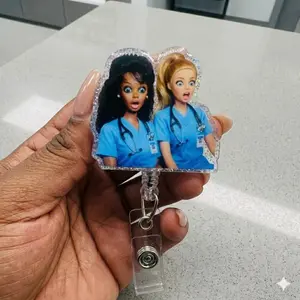 Funny Work Besties Sparkly Retractable Badge Reel Cute Acrylic ID Holder For Nurses Teachers Healthcare Coworker Friendship Gift Accessory