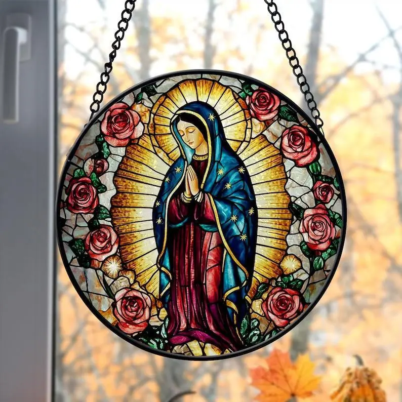 Christian Round 6-Inch Our Lady of Guadalupe Metal Stained Glass Suncatcher - Light, Colorful Virgin Mary Reflective Window Hanging, Bedroom Wall Decor, Faith-Inspired Birthday Gift for Believers