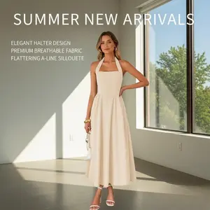 2026 New Arrival Women’s Stylish Wide Strap Halter Neck Backless Dress, Elegant Fashion Casual Long Dress