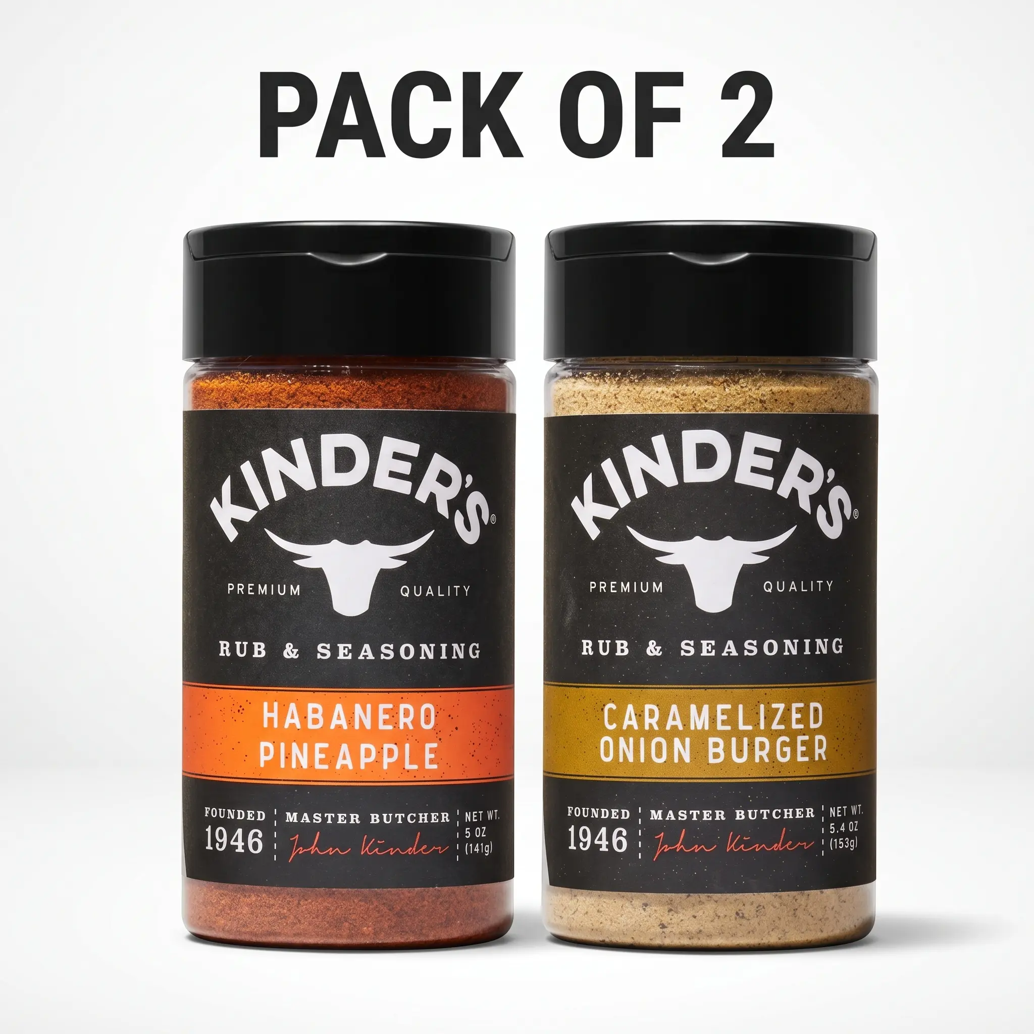 Kinder's Caramelized Onion Burger Barbecue Rub & Seasoning and Habanero Pineapple Barbecue Rub & Seasoning, 2 Pack, 5.4 oz & 5 oz, Grilling Seasoning Blends for Burgers, Chicken, Beef, Pork & Vegetables, BBQ Rubs for Grilling, Smoking & Roasting