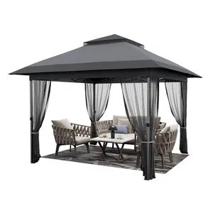 12 X 12ft Pop-up Gazebo, Double Roof Outdoor Canopy Tent with Mosquito Netting, Camping Canopy Gazebo for Lawn, Patio and Garden,Grey