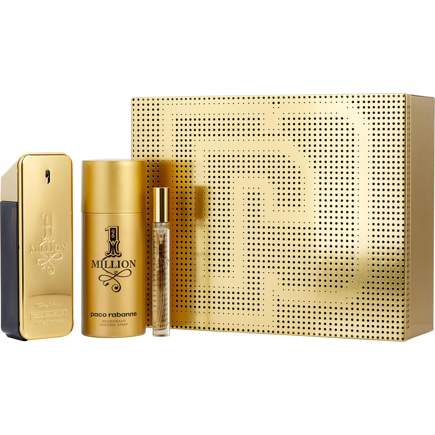 Paco Rabanne 1 Million Set-Edt Spray 3.4 Oz & Deodorant Spray 5.1 Oz & Eau De Toilete Spray 0.33 Oz Mini For Men Paco Rabanne 1 Million Set-Edt Spray 3.4 Oz & Deodorant Spray 5.1 Oz & Eau De Toilete Spray 0.33 Oz Mini For Men