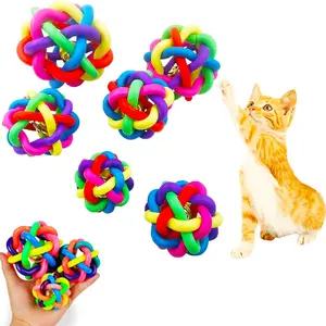 3-Piece Rainbow Swaying Knitted Ball Dog Toy Colorful Interactive Jingle Ball Teether Oral Care TPR Material Toy Squeaky Training Ball
