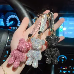 Fashionable Diamond-set Medium Violent Bear Keychain Creative Diamond Rope Round Buckle Car Girl Bag Pendant Gift Perfect Birthday