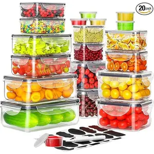 Airtight Fruit & Food Storage Container Set 20 Containers & Lids Leakproof Reusable for Kitchen Pantry Includes Labels Pen