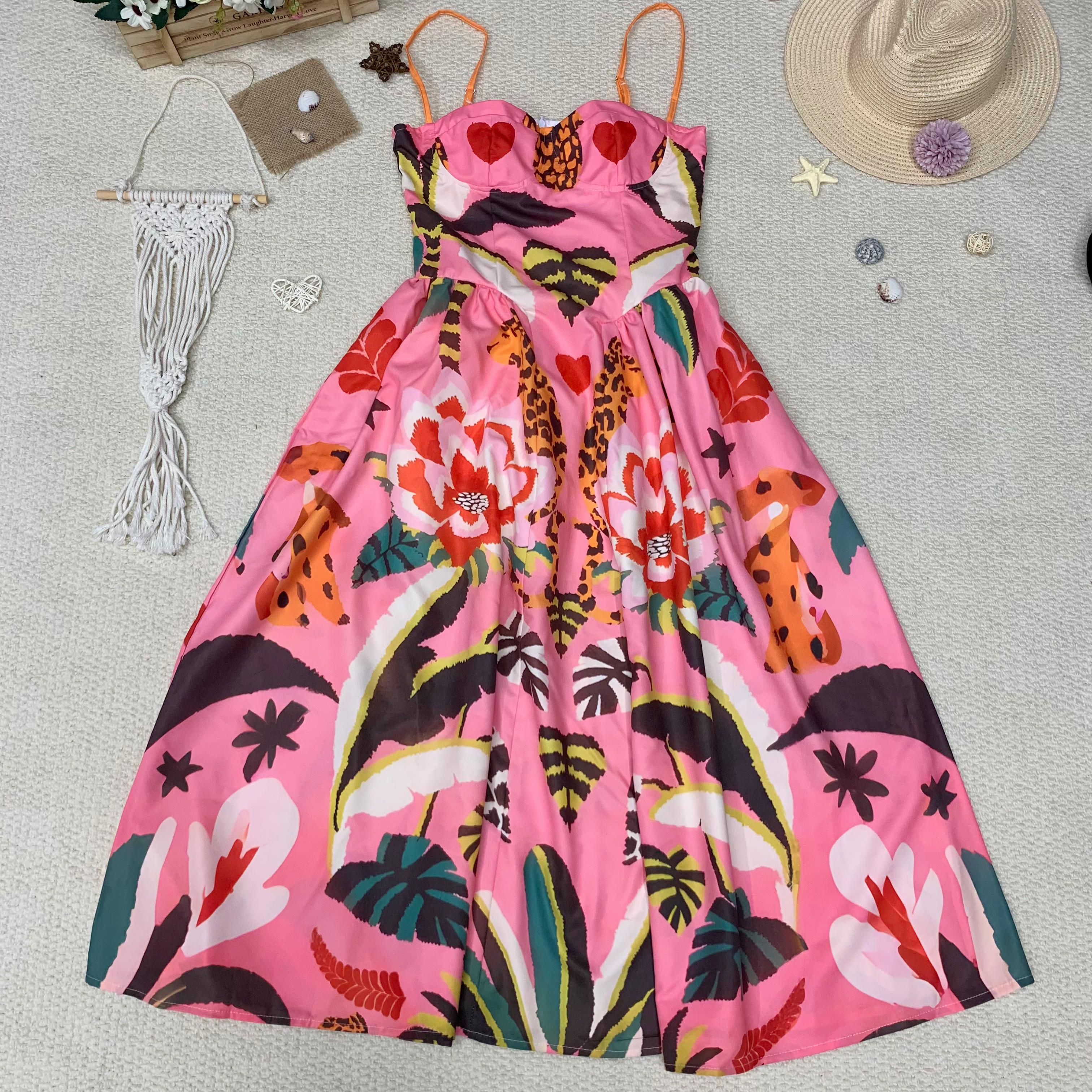 Symmetrical Flower-Print Strap Strapless Dress, Tropical style, Pop art print, Contrasting color design, Passionate and elegant dress, Forest style