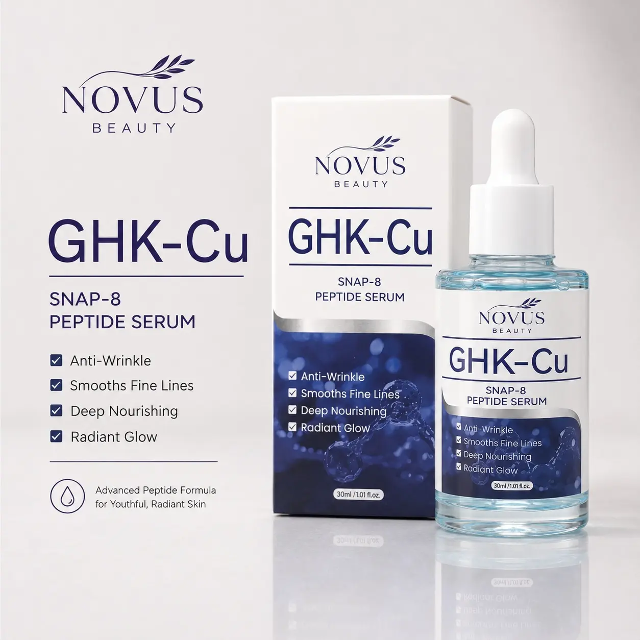 Novus Beauty GHK-Cu Copper Peptide Serum with SNAP-8 | Firming & Radiant Glow Formula | Hydrating Peptide Face Serum wrinkle repair daily