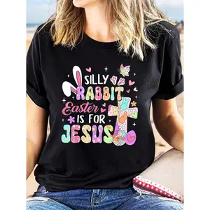 Womens Easter TShirt Casual Loose Fit Short Sleeve Silly Rabbits Happy Easter Is for Jesus Graphic with Bunny Ears Floral Motifs MultiColor Design AllSeason Comfort