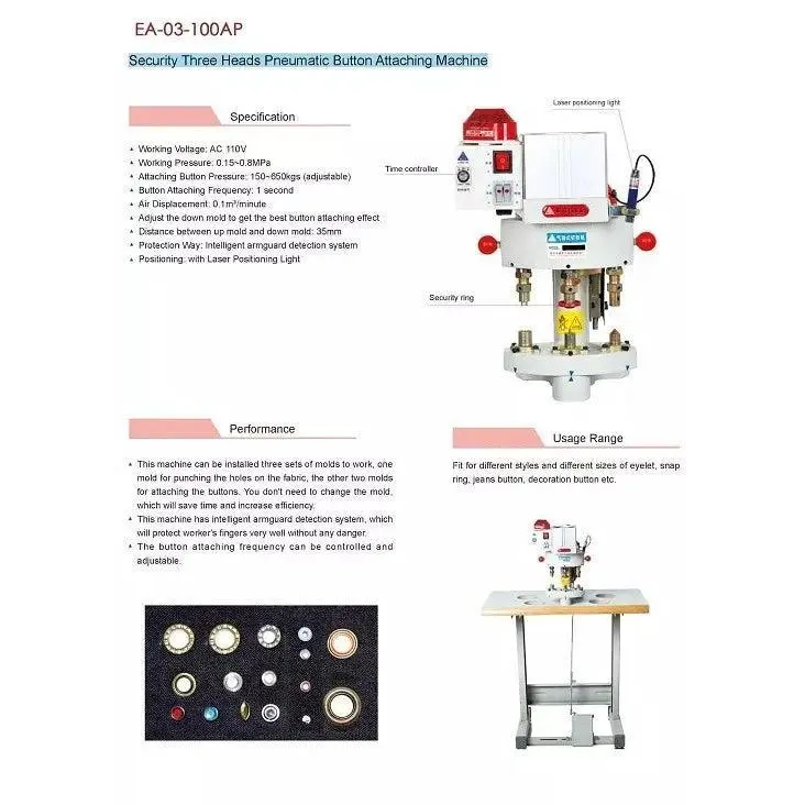 New Tech 3 Head Pneumatic Grommet Press Machine w/Laser Pointer (3 die set)