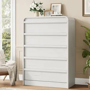 Modern Arched 5-Drawer Dining Table Cabinet – 45" Tall Wooden Storage Chest with Curved Design, Large Organizer for Dining Room, Freestanding, Antique White