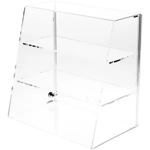 Plymor Clear Acrylic Locking Display Case with Slanted Front and Sliding Back, 2 Flat Shelves