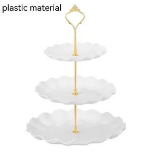 Elegant 3 Tier Plastic Cake Stand with Gold Handle, Multi-Layer Tray, Wave Edge Design, Perfect for Weddings Birthdays Teas, Cupcake Stands