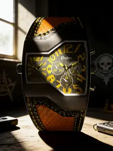 Block Large Number Dial Watch, Dual Time Zone Timer Function, Gun Durable Case, Snake Pattern Wide Leather Strap