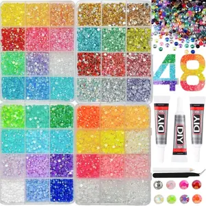 48 Color Nail Art Rhinestone Storage Set, Includes Glue Tweezers and Dotting Tool, Multi-Color Round Flat Back Rhinestones, Nail Art Tools Kit，Nail Art Rhinestones 、 Flatback Crystals 、 with Adhesive Glue 、 Diamond Painting 