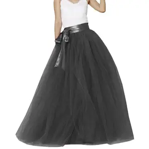 1 pc Women Long Floor Length Bridesmaid Tulle Tutu Skirt with Bow Satin Belt for Wedding Evening Party Prom PC05