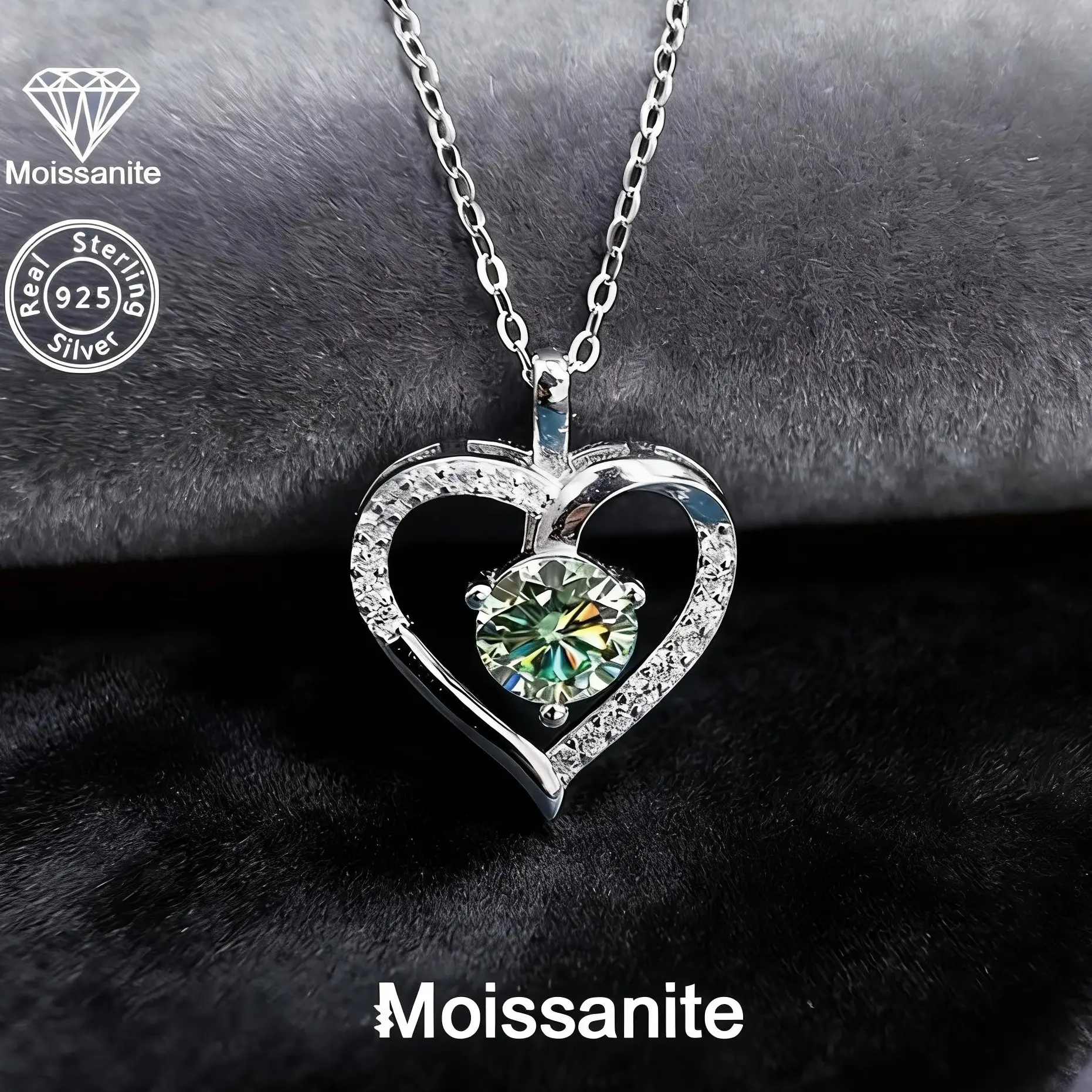 925 Sterling Silver Green Moissanite Heart Necklace, 1 Carat Round Brilliant Cut Green Moissanite Love Heart Pendant Necklace with Sparkling Halo, Ideal Gift for Her
