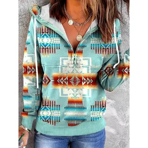 Western Ethnic Aztec Pattern Hoodie, Casual Long Sleeve Drawstring Hoodies Sweatshirt, Women's Clothing
