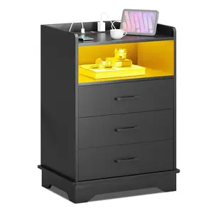 LED Nightstand with 3 Drawers Charging Station Black Bedside Cabinet Wood Bedside Table Lighted Vanity Desk