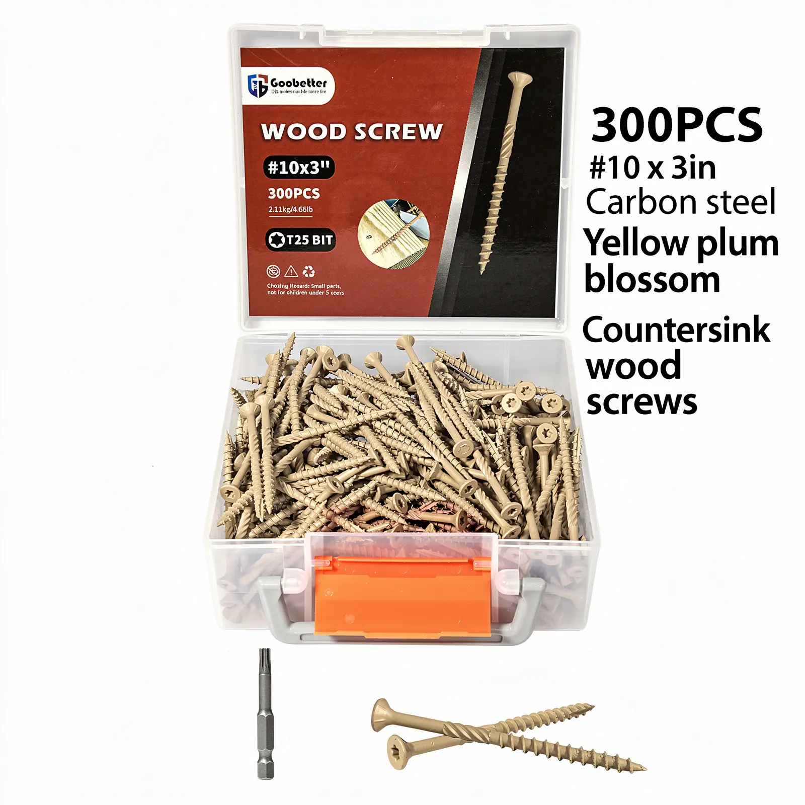300pcs Zinc Plated Carbon Steel #10 x 3in Countersunk Flathead Wood Screws, 90° Tapered Face, Coarse Single-Start Milled Thread, Hardware Fasteners for Woodworking Projects